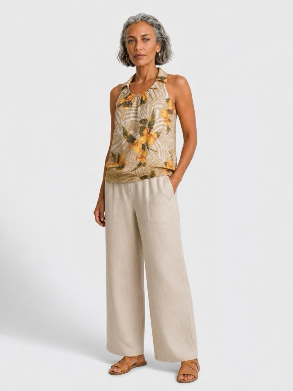 Cato Hawaiian Floral Halter Top With Collar